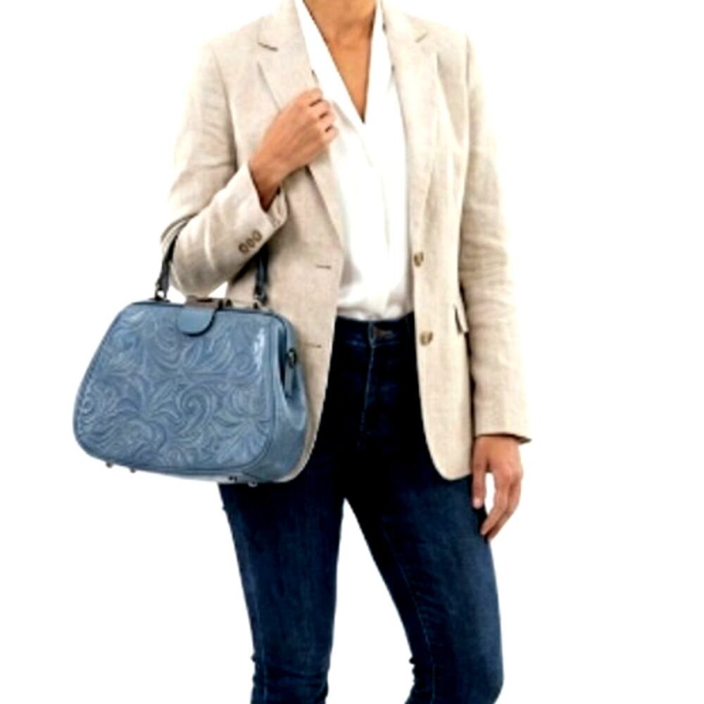 Patricia Nash Blue Fog Gracchi Leather Frame Satchel Crossbody Handbag
